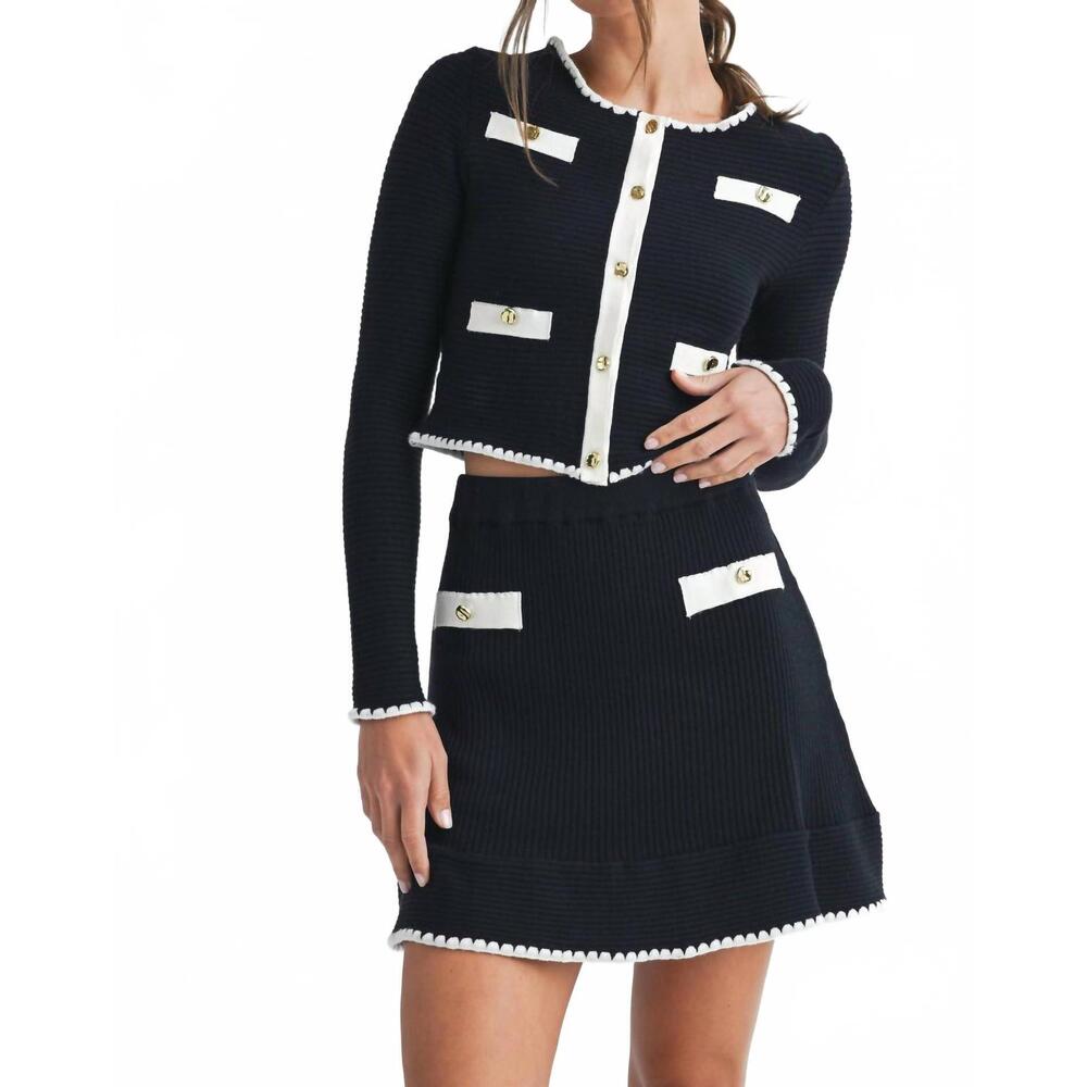 NEW ENDLESS BLU. contrast button knit crop jacket in black/off white